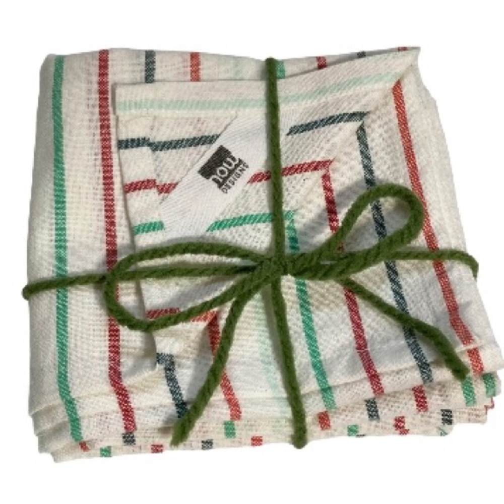Now Designs Large Jumbo Stripe Dish Towels 28" x 18" Green Red White Set of 2